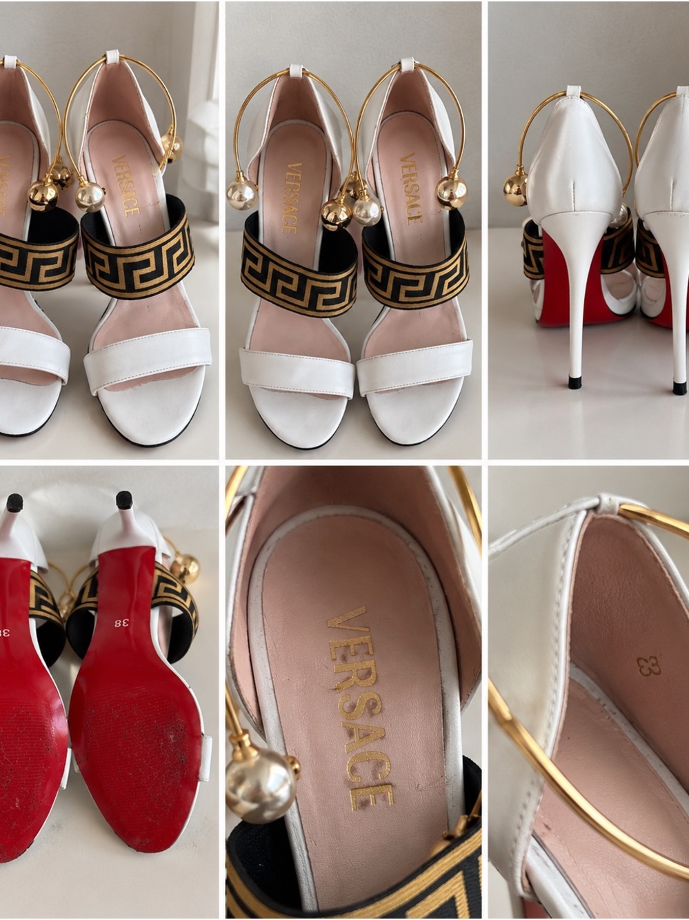 Versace Greca Greek Key White Leather Gold Ball Heels Sandals Size 38